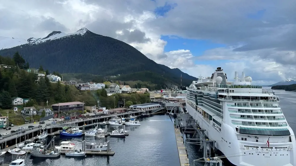 Lovely view of Port of Ketchikan and docked cruise ship in the terminal.